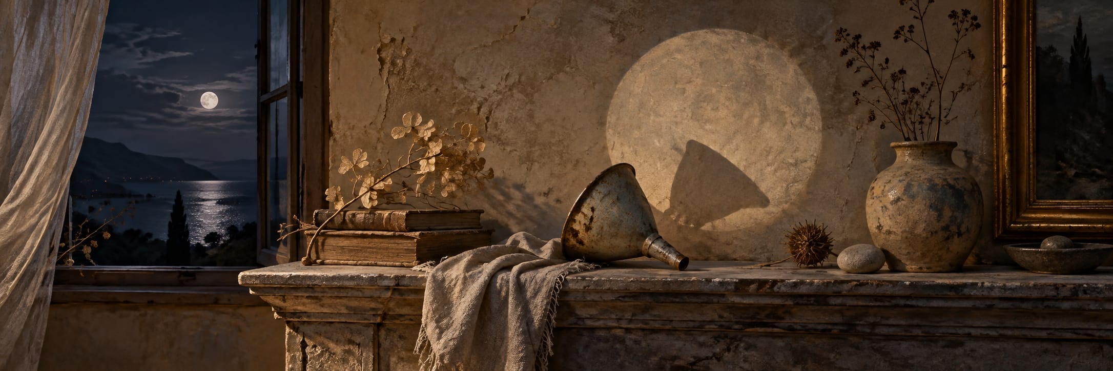 Old books, dried flowers, and pottery on the mantel; moon and sea visible through the window.
