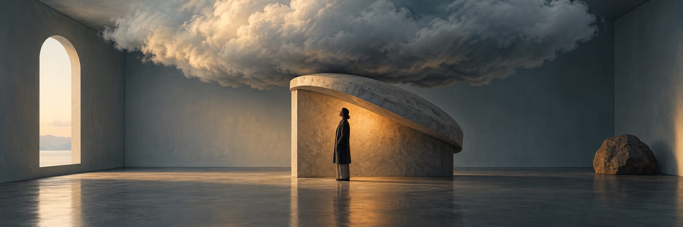 A person stands under a cloud in a minimal room, observing nature through an arched window with curved stone and a large rock nearby.