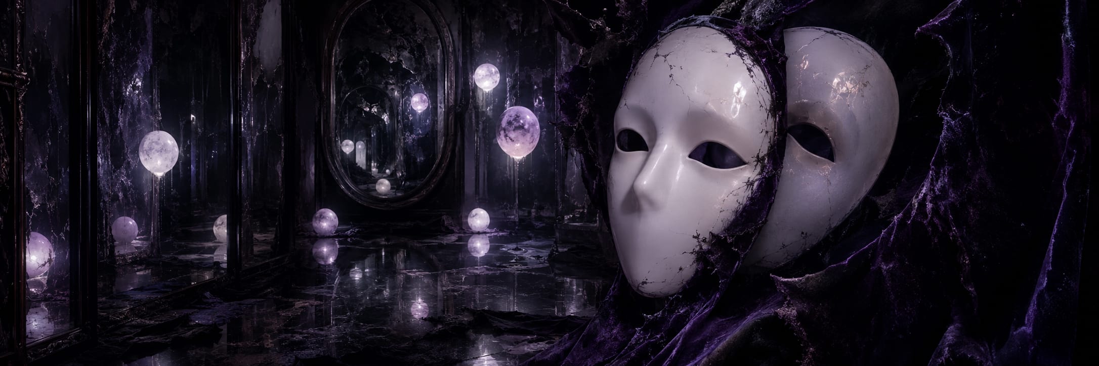 Two white masks and glowing orbs create a surreal mood amid chaos in a shadowy, reflective room.
