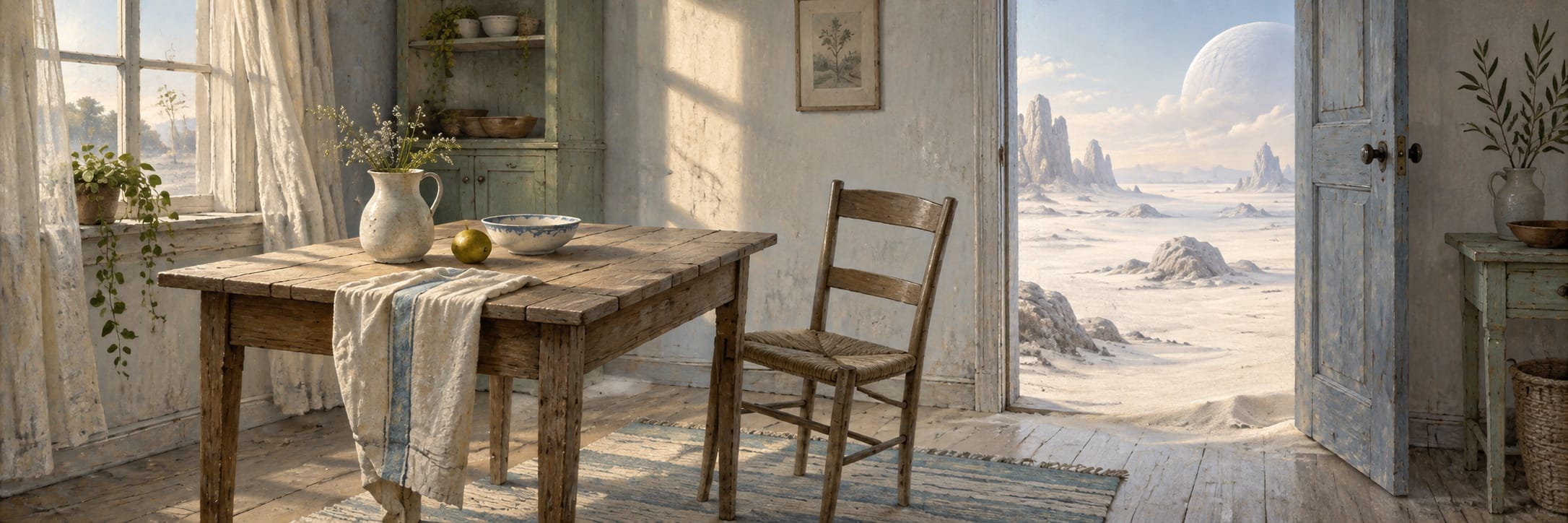 A rustic kitchen table and chair face an open door onto a pale impossible landscape.