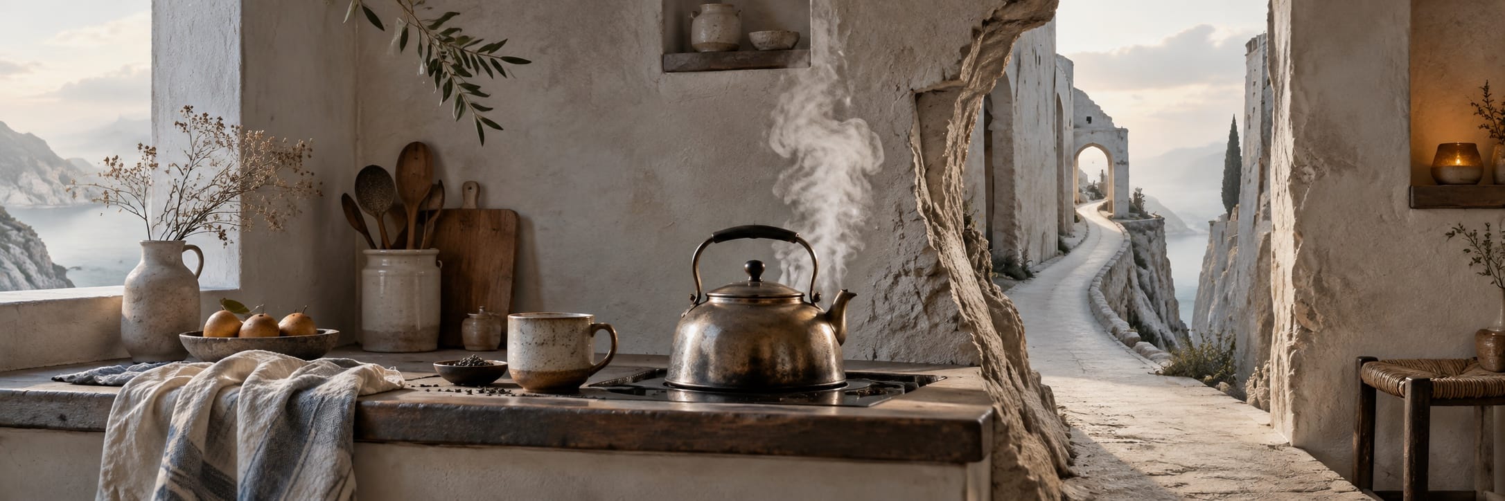 Rustic kitchen with stone walls, a steaming kettle, and a path leading to ancient ruins for nature lovers seeking reflection.