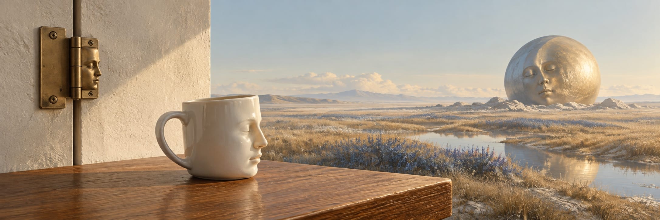 A white mug with a human face sits on a table; outside, a fantastical sphere with a face lies in the grass.
