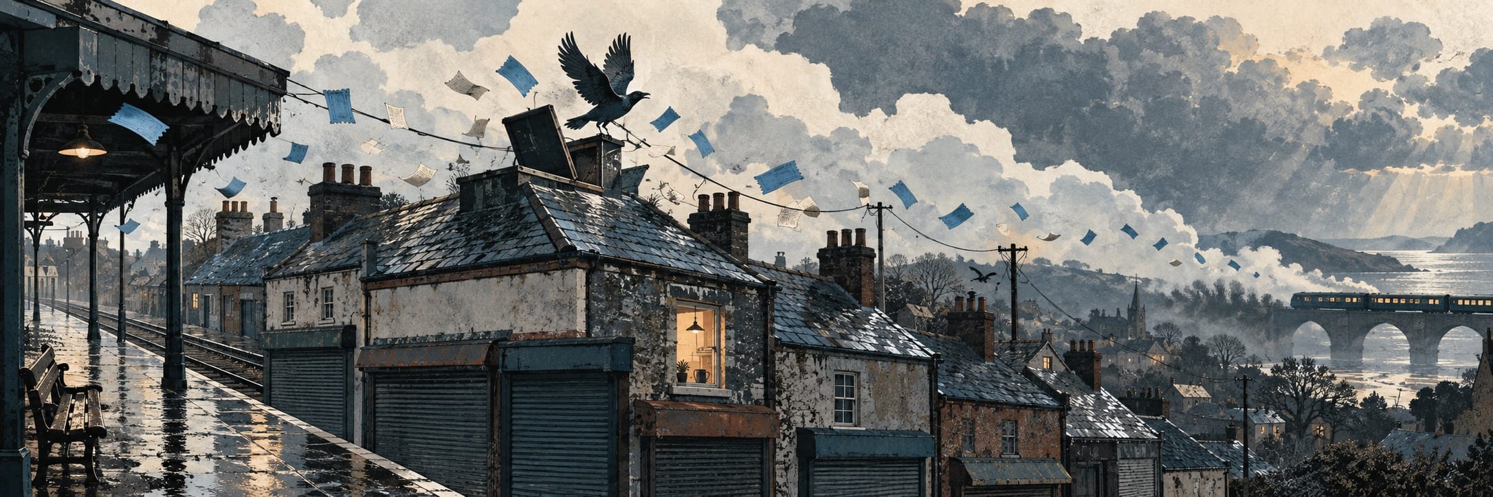 A crow lifts above slate rooftops as blue and pale paper scraps blow across the skyline.