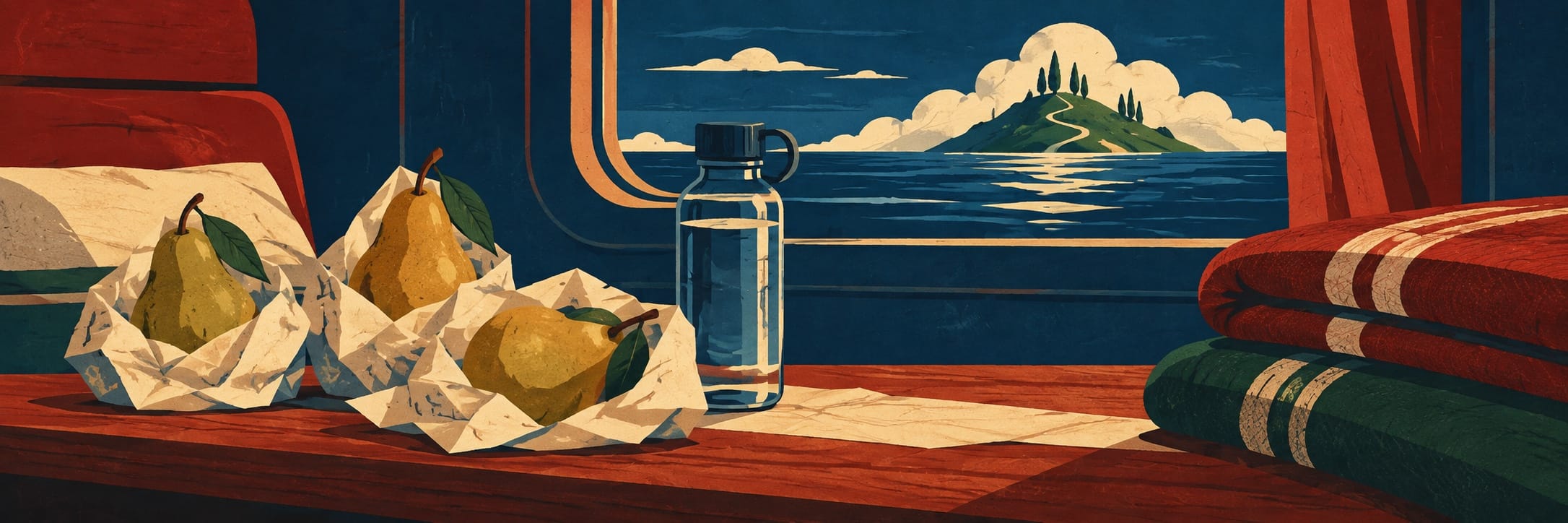 Wrapped pears and a water flask sit on a train table beside folded blankets, with a sea and island visible through the window.