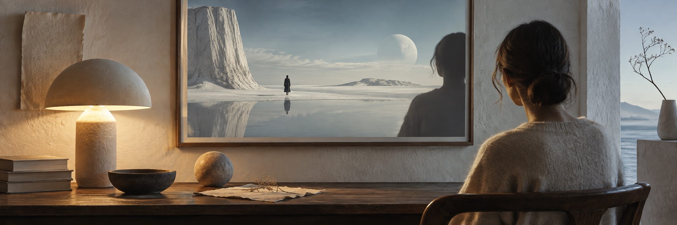 A person at a desk reflects on a surreal icy landscape artwork featuring nature and a distant planet in the sky.