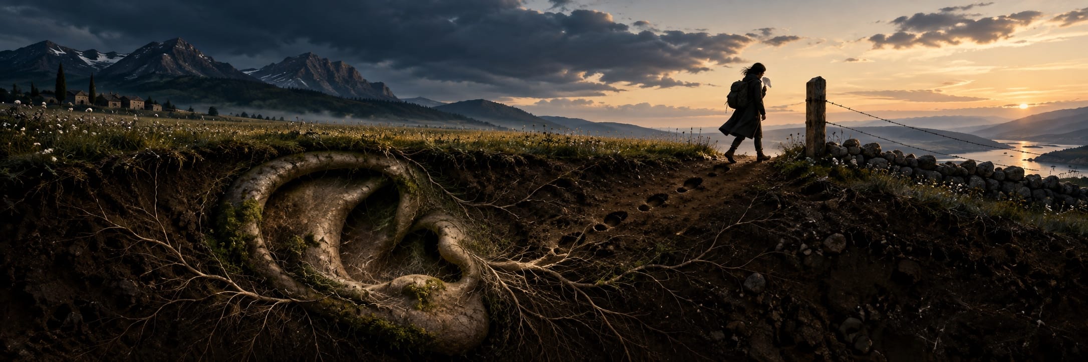 A person walks on a dirt path at sunset; underground, a large ear with roots represents nature and reflection.