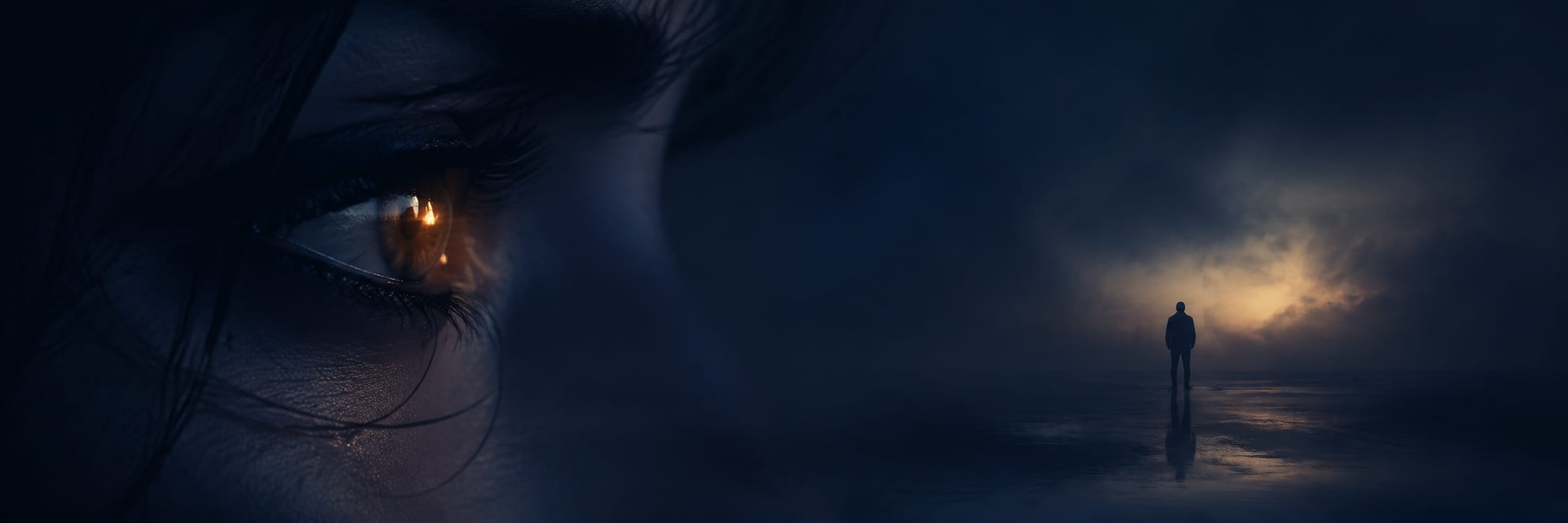 Close-up of an eye reflecting a distant figure in a misty, chaotic dusk landscape.