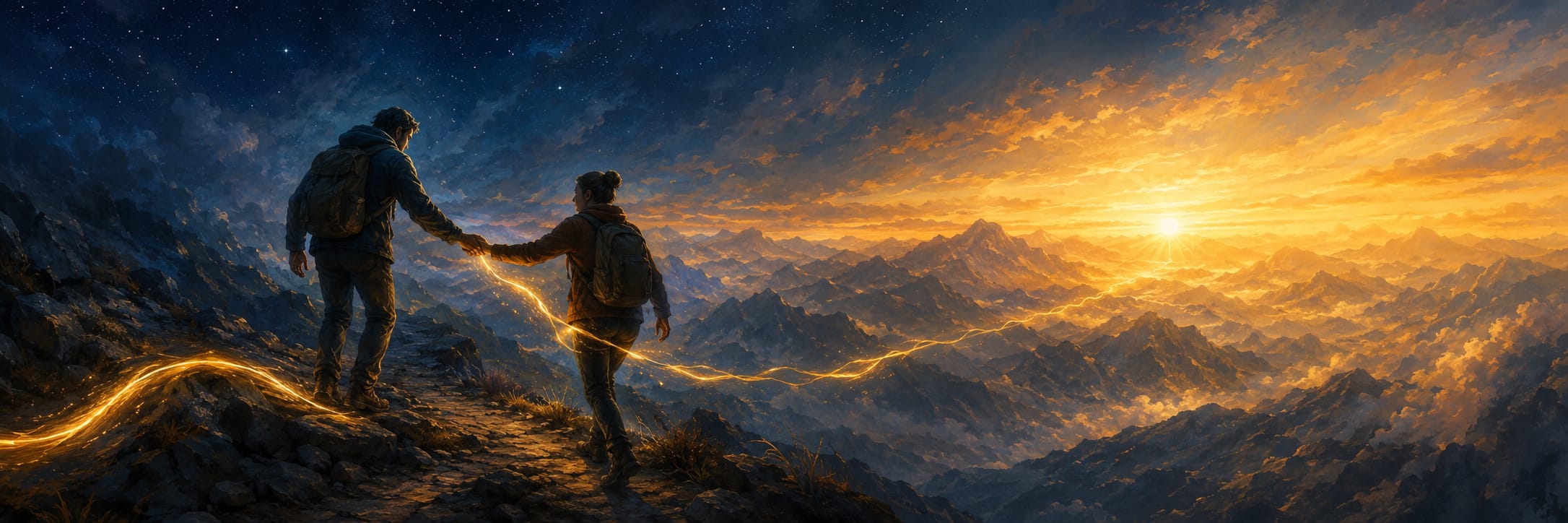 Two hikers hold hands on a mountain trail, overlooking a vast cloudy landscape.