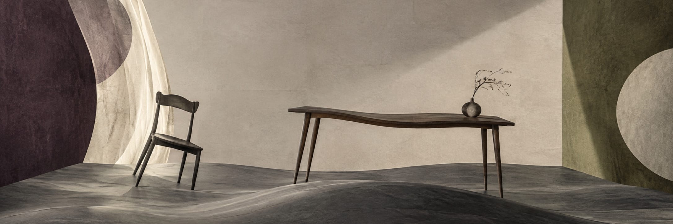 A wooden chair and table with a vase sit on a wavy floor in a minimal room featuring fantastical geometric patterns.