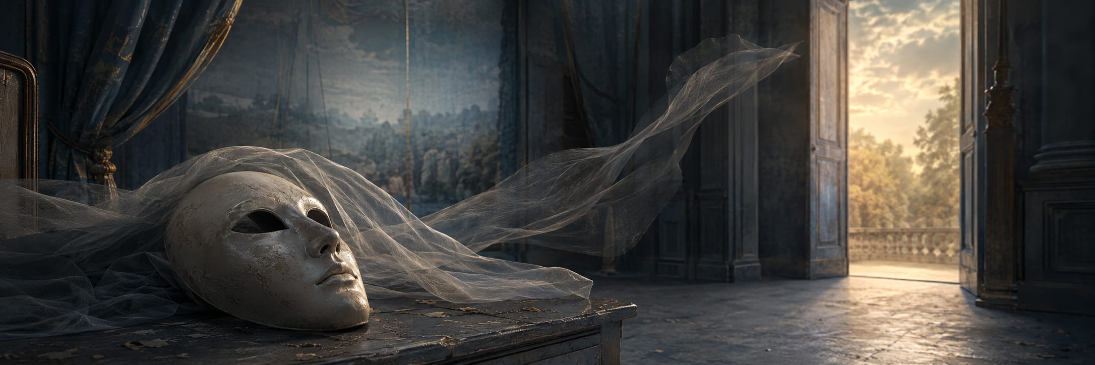 A white mask with a sheer veil sits on a table; outside, sunlight and nature contrast with darkness and chaos on the balcony.
