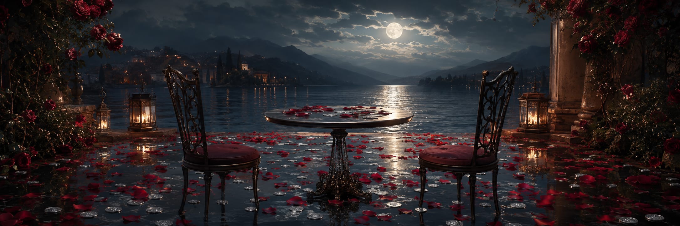 A round table with two chairs by a lake under a full moon, rose petals scattered on the ground.