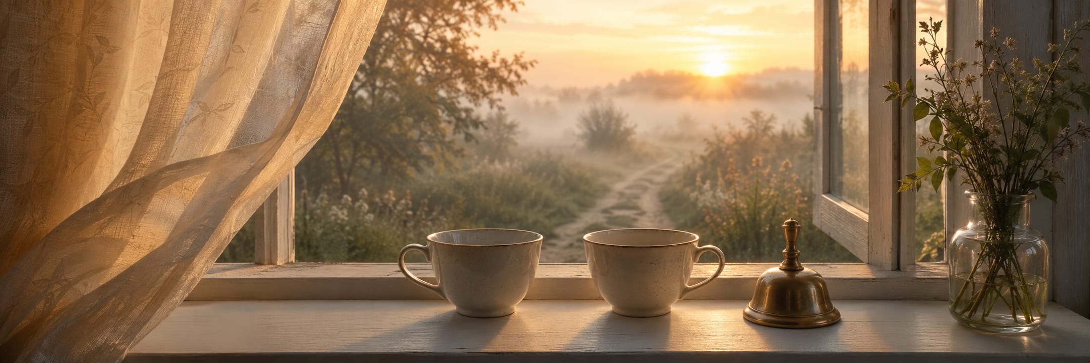Two teacups and a brass bell on a windowsill with sunrise and nature reflected through the open window.