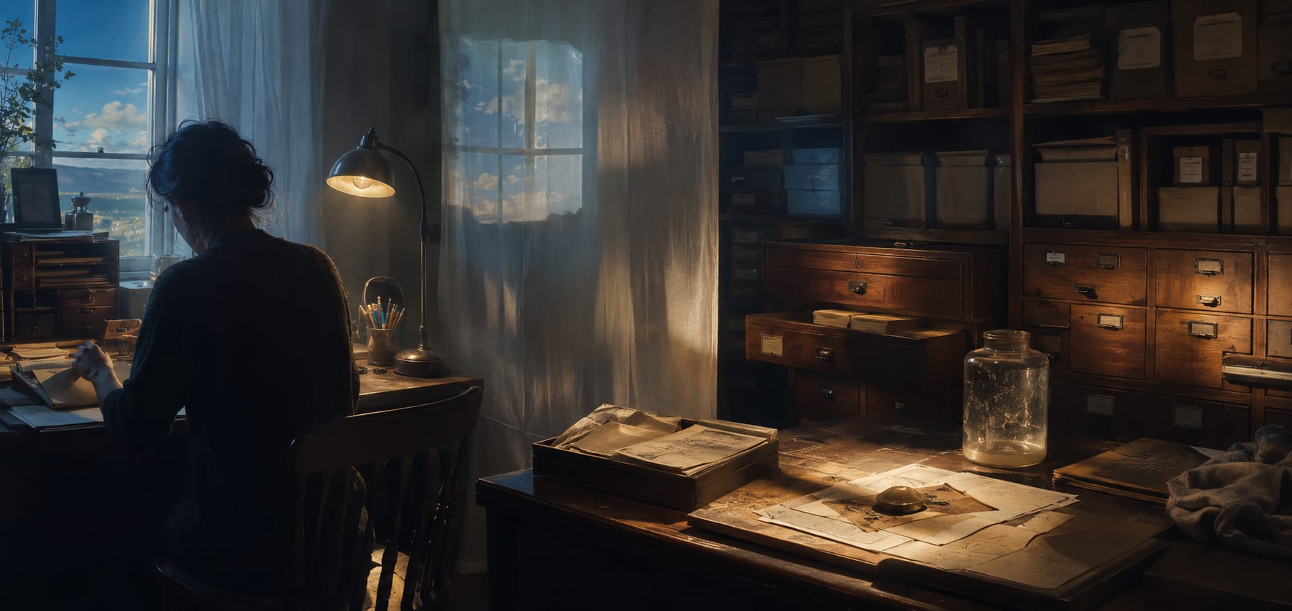 A person writes at a desk by the window, surrounded by shelves filled with boxes and papers.