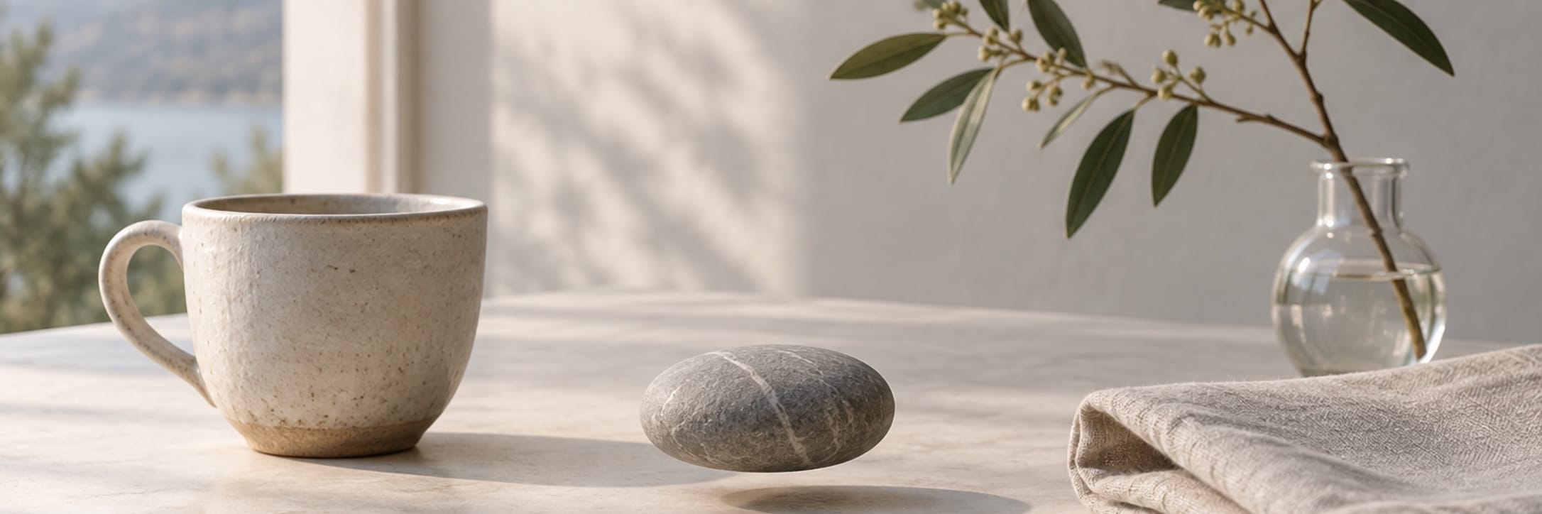 A cup, stone and small glass vase are quietly arranged on a pale table.