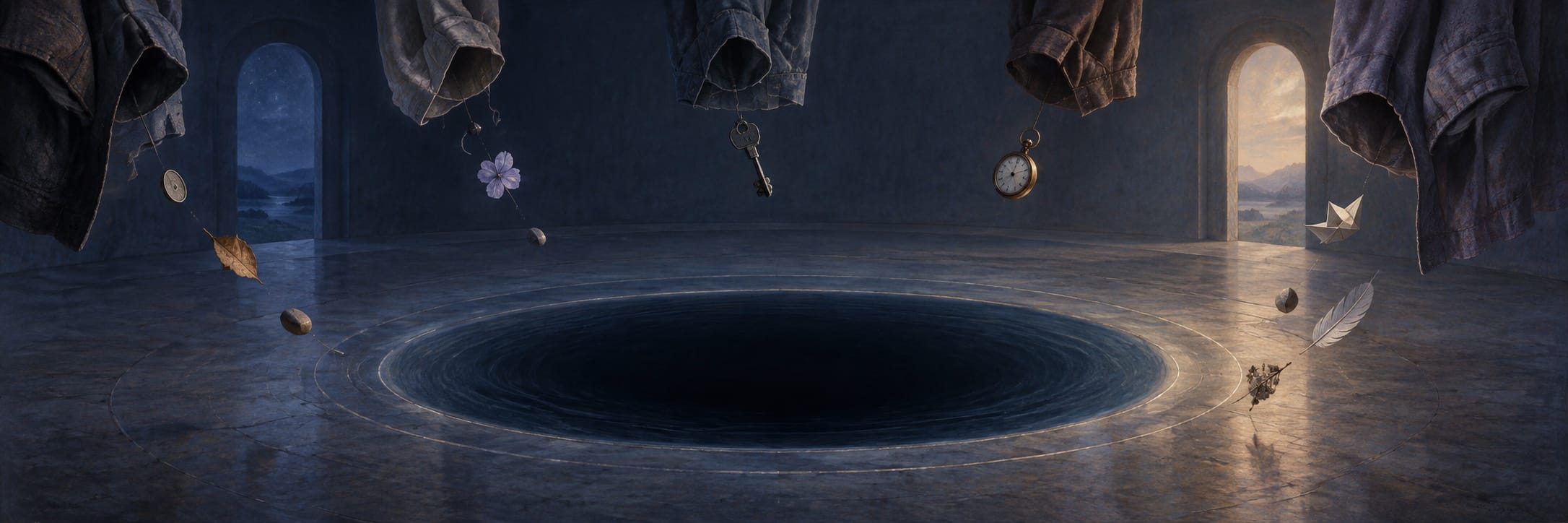 A deep blue circular opening occupies the centre of a dim room with floating fragments.