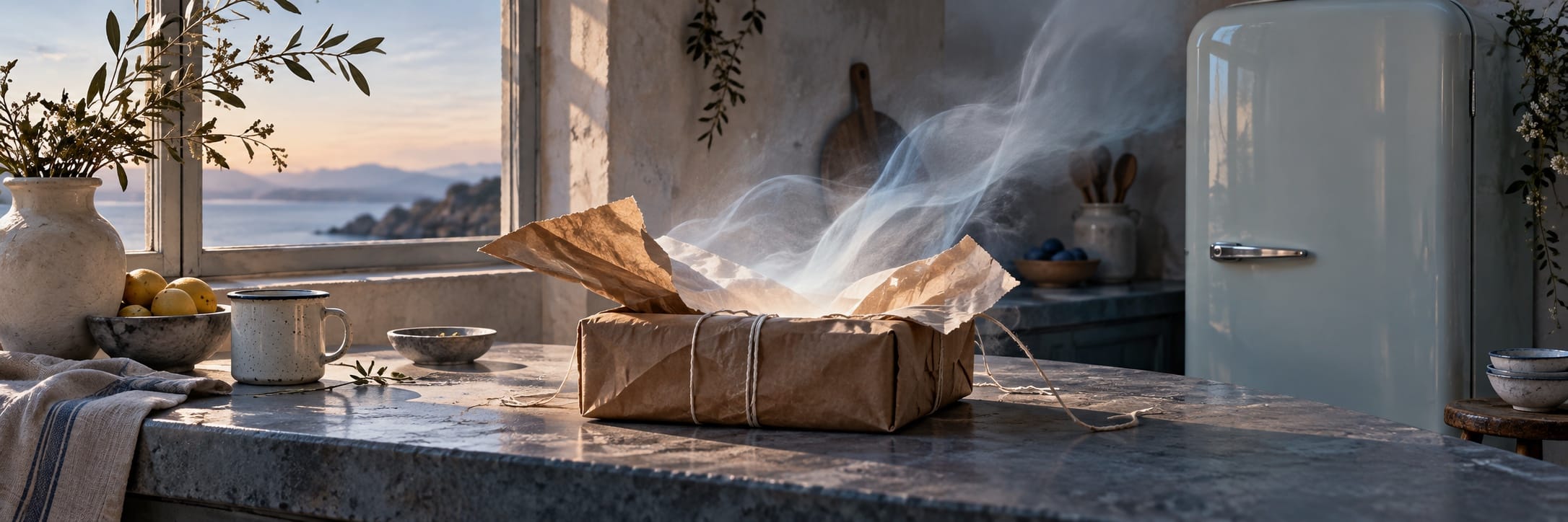 A steaming, wrapped package sits on a kitchen counter with fruit, a fridge, and a shimmering coastal view in the background.
