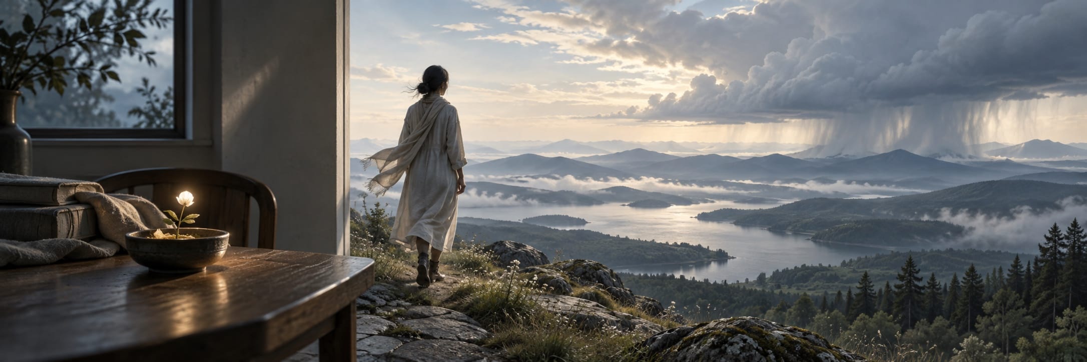 A person in white exits a cozy room, walking toward lakes and mountains under rain clouds.