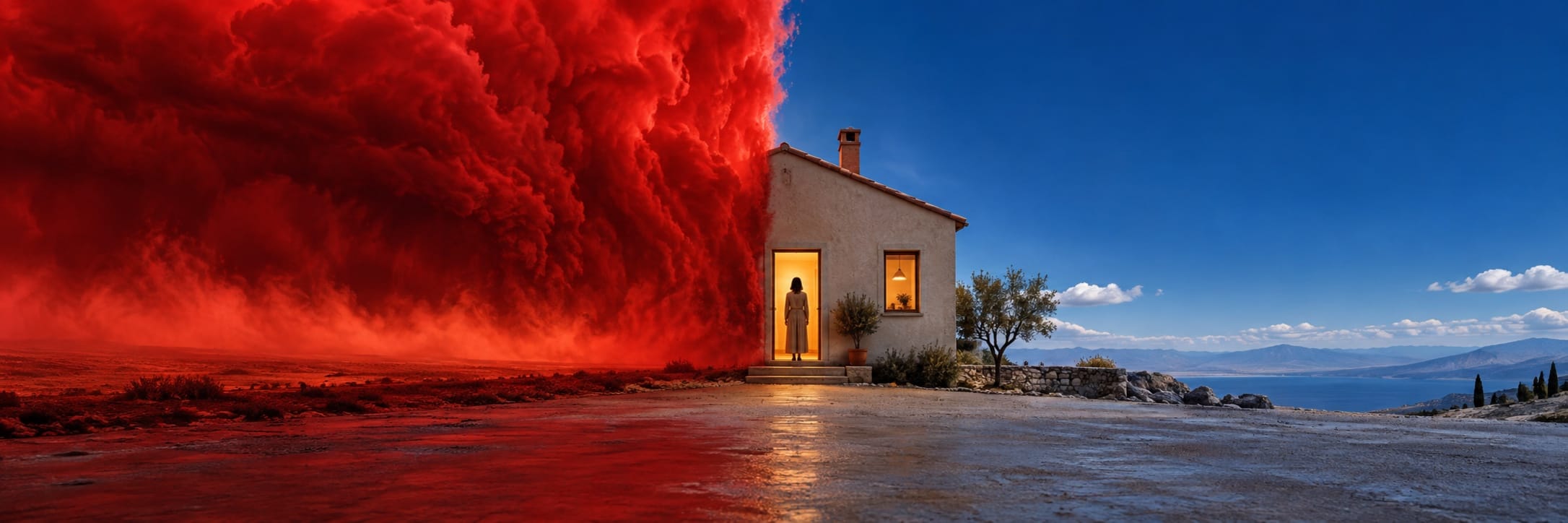 A small house sits between a swirling red dust storm and a calm blue sky with mountains and water in the background.