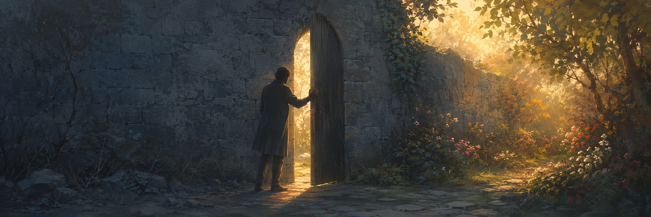 A person opens an old wooden door in a stone wall, revealing a garden filled with flowers and peaceful nature.