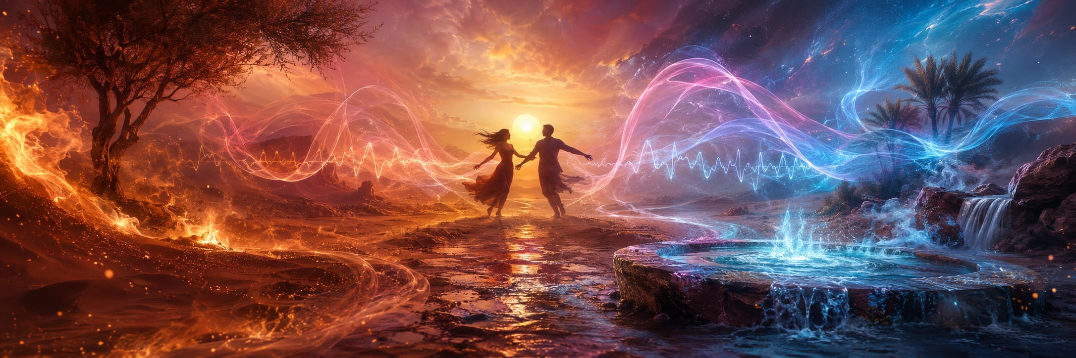 Two people hold hands on a glowing path at sunset, surrounded by swirling lights near a small pond reflecting the scene.