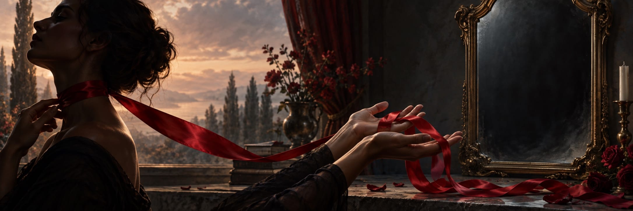 A woman by a mirror at sunset wraps a long red ribbon around her neck and hands in a surreal scene.