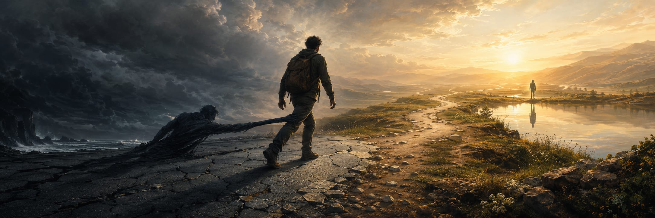 A man walks toward a bright horizon with darkness and chaos trailing behind on a cracked, stormy path.