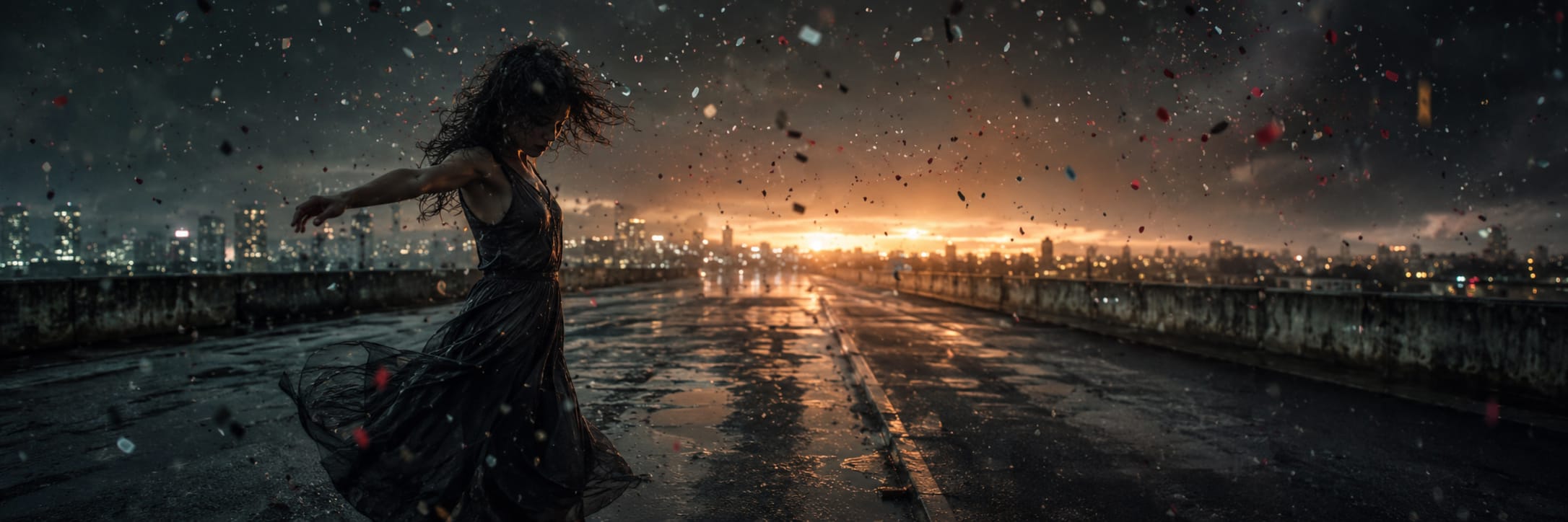 A woman in a dark dress spins on a wet rooftop at sunset, city lights and an air of chaos behind her.