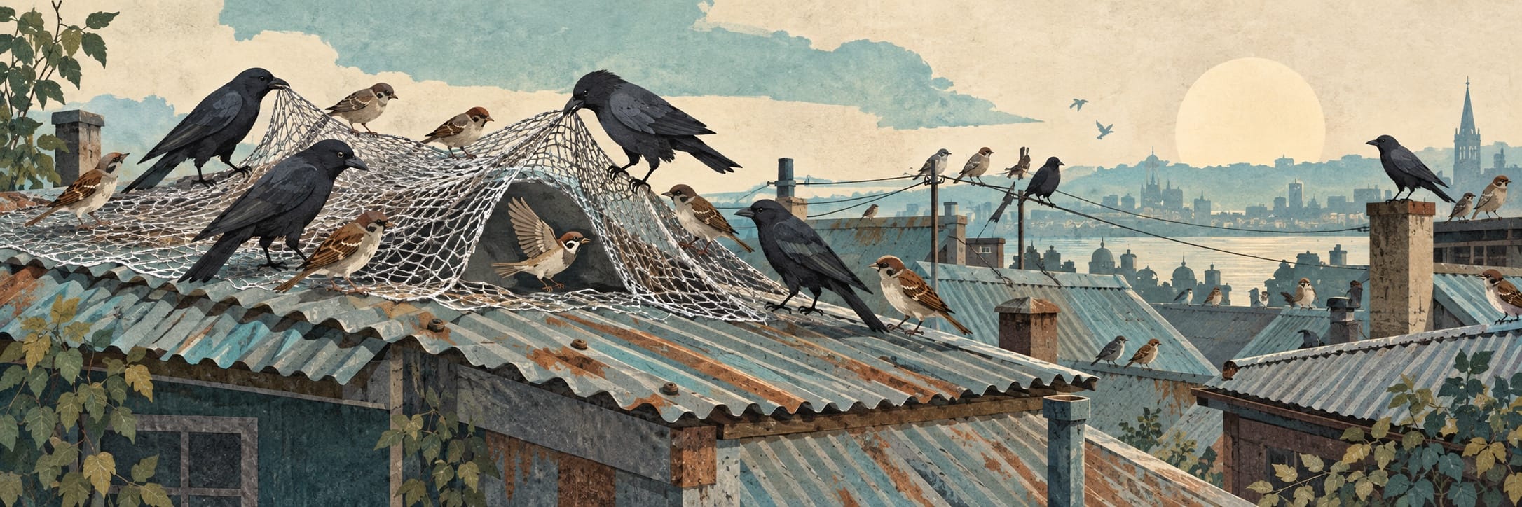 Birds gather along a city rooftop beneath a wide, pale evening sky.
