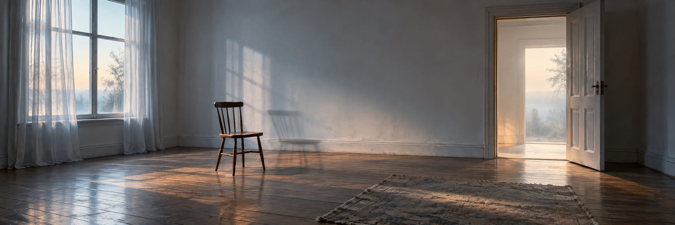 A wooden chair sits alone in an empty room, sunlight streaming through large windows and an open door.