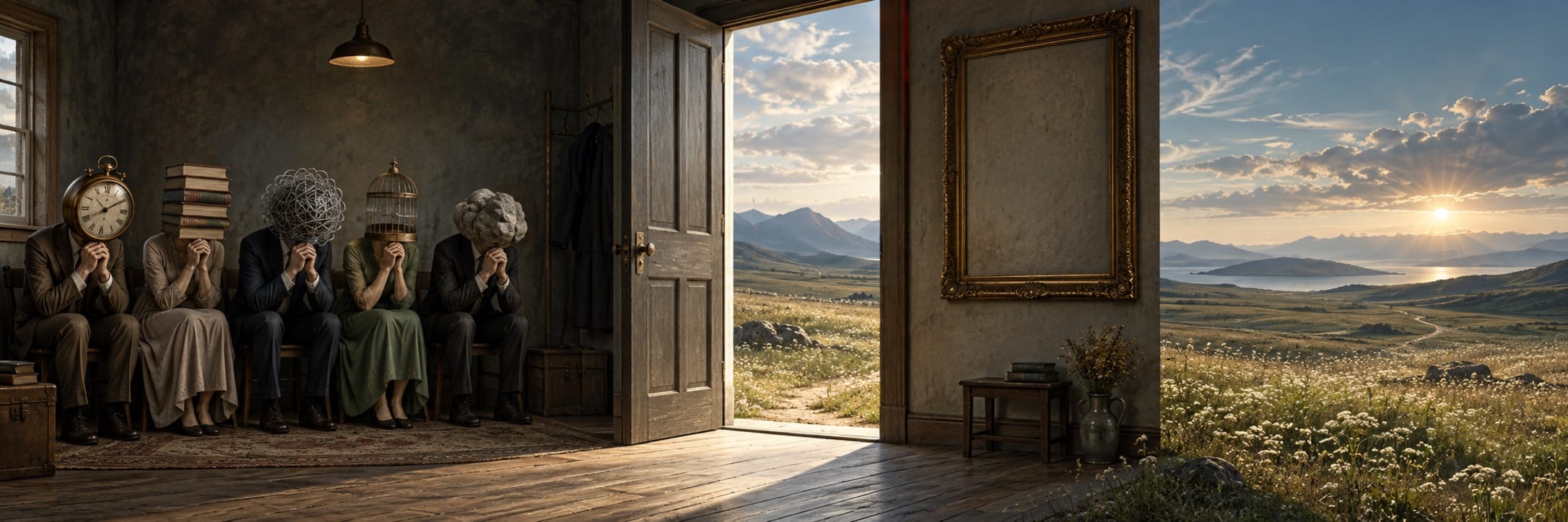 Four people with object-heads sit in a room while a fantastical landscape with mountains and a lake is visible through an open door.
