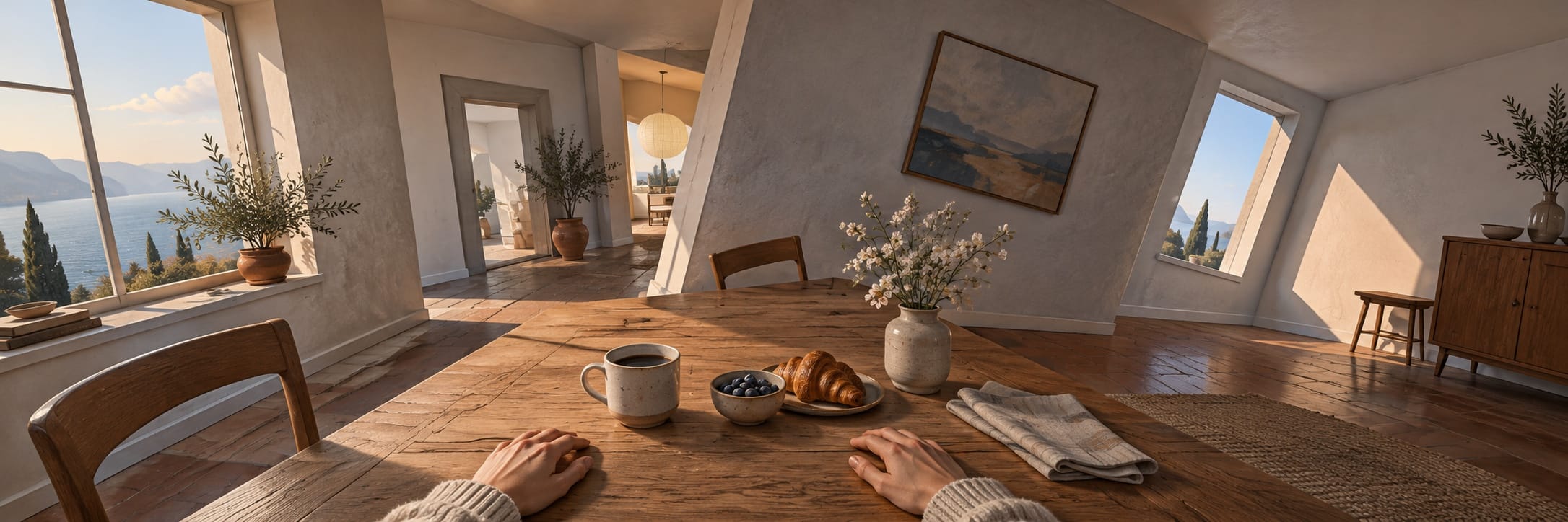 A person at a wooden table with coffee, croissants, and flowers in a room with angled walls and imaginative windows.