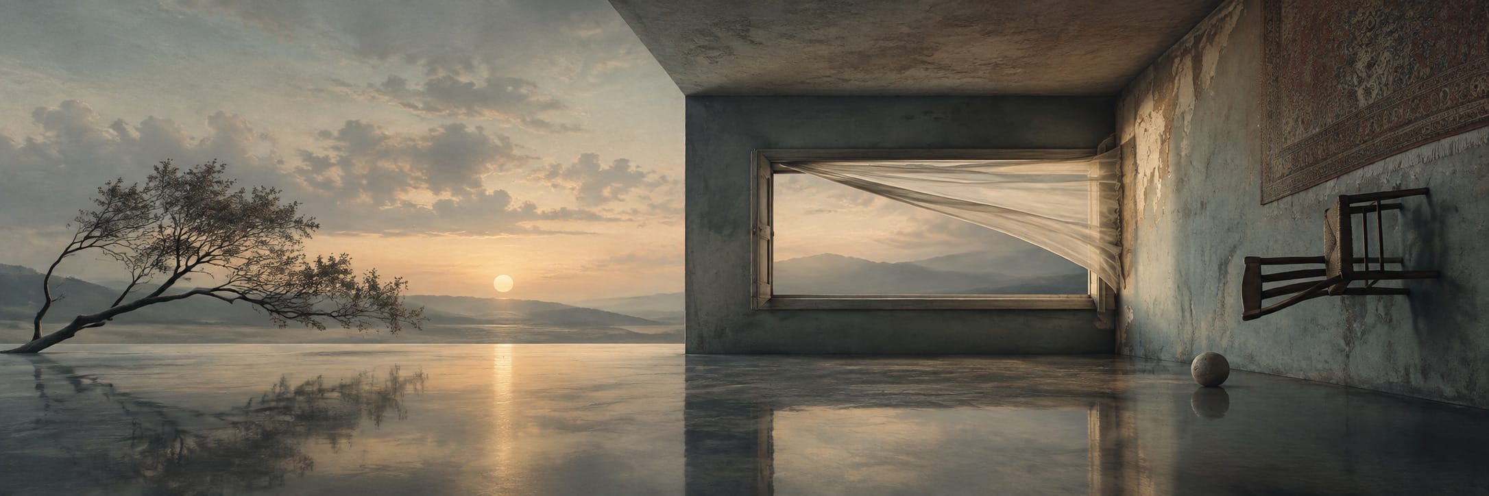 Text-free conceptual editorial artwork for The Room That Arrived Sideways.