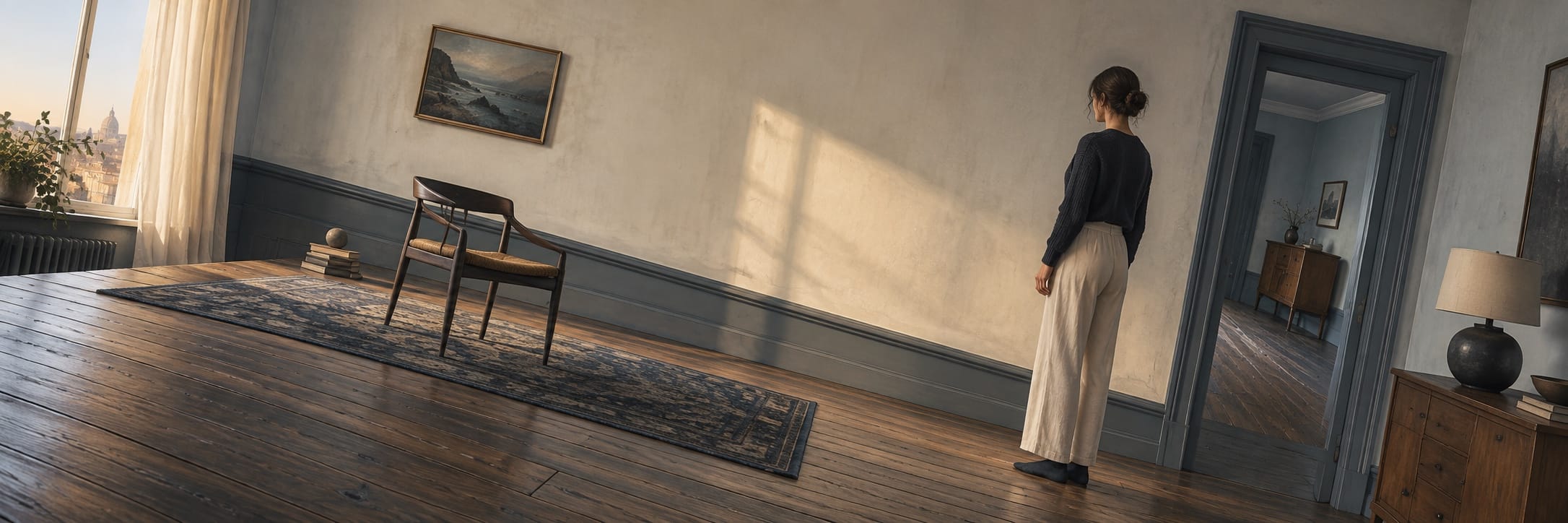 A woman stands in a sparse room with an empty chair and wooden floor, while clutter remains outside the immediate area.