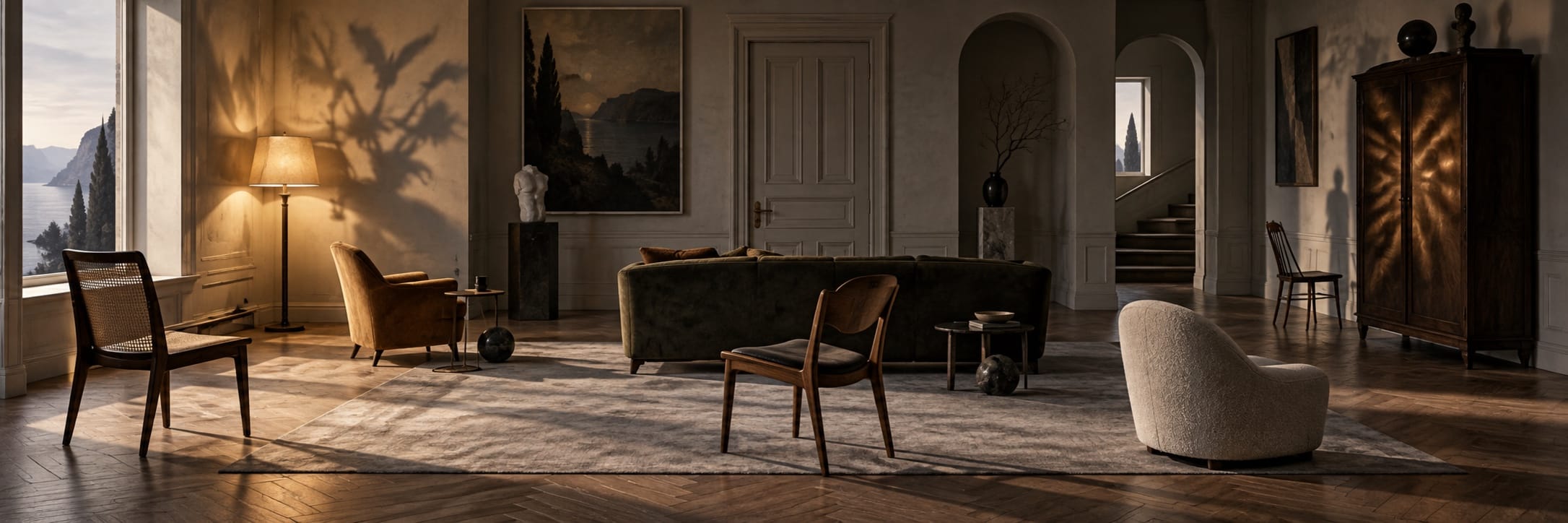 Spacious living room with neutral tones, mid-century modern furniture, large rug, and surreal artwork.
