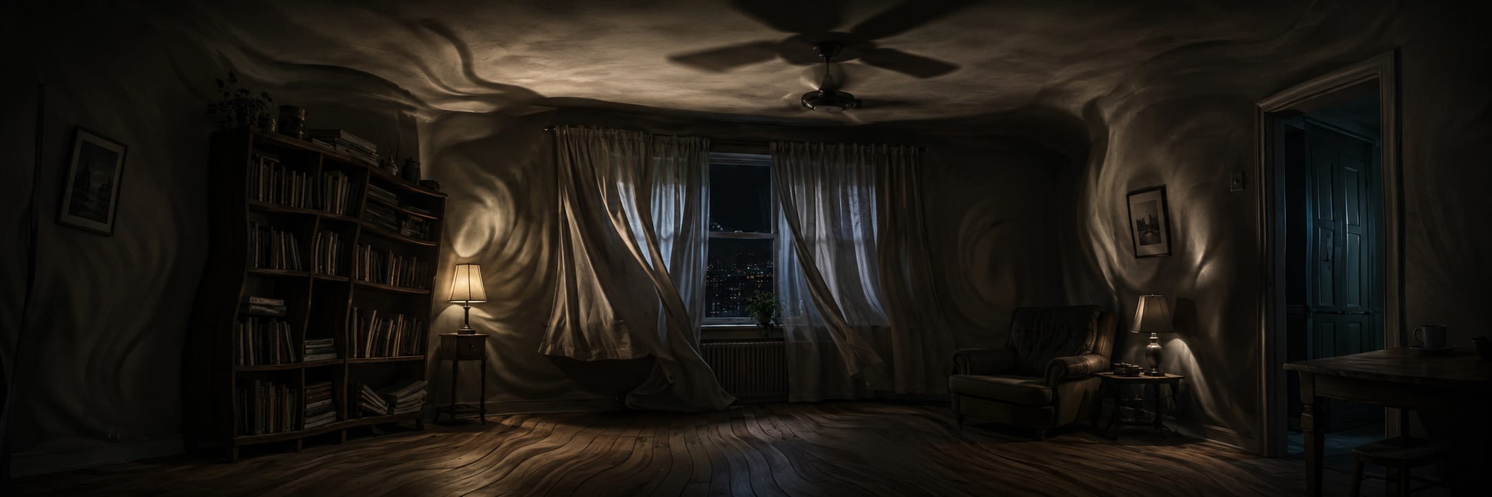 A living room with wavy walls and surreal details; curtains blow as chaos unfolds outside the window.