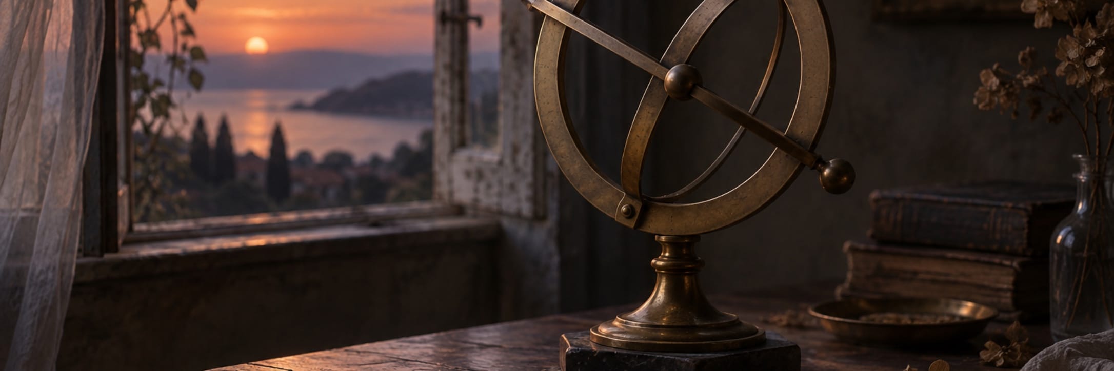 A brass armillary-style measuring instrument stands beside a window at dusk.