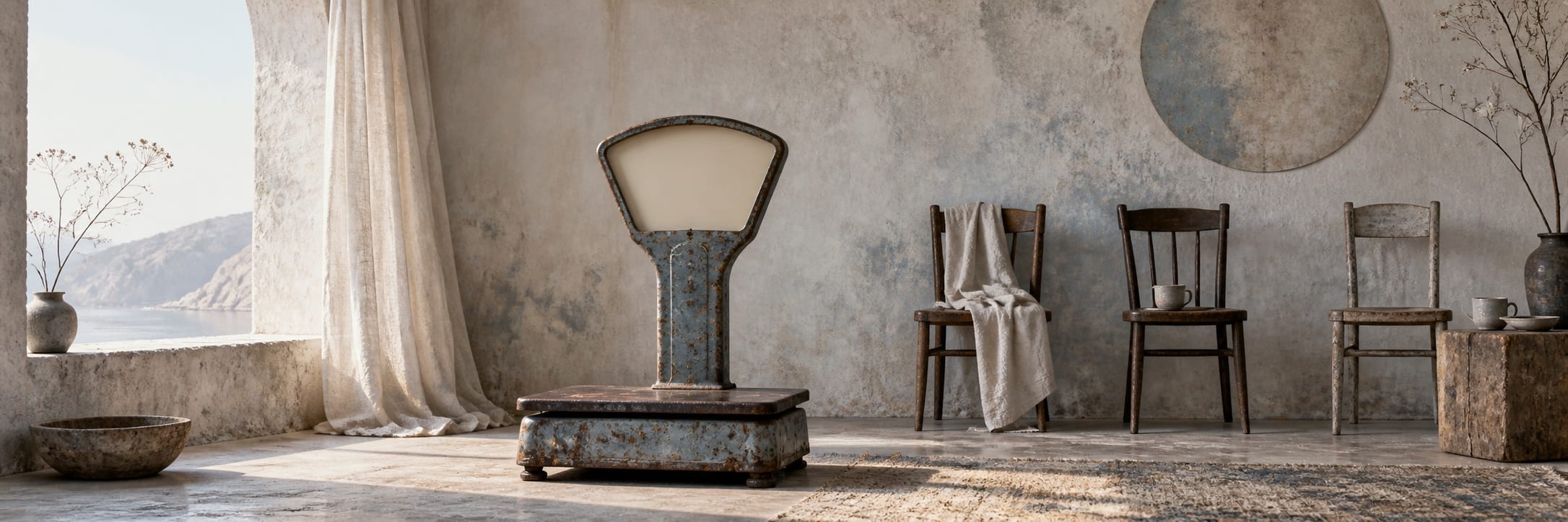Rustic scale between wooden chairs, textured rug, and vases with dried flowers in a bright room.