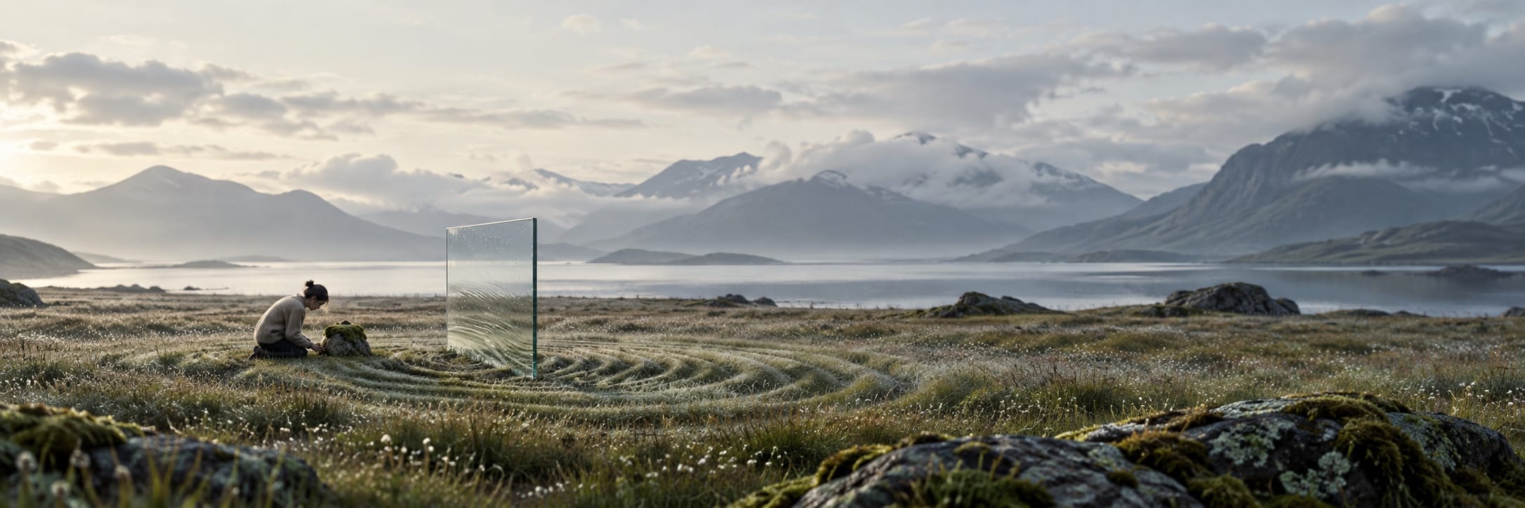 A person kneels by a mirror in a grassy field, with mountains and a lake nearby under cloudy skies.