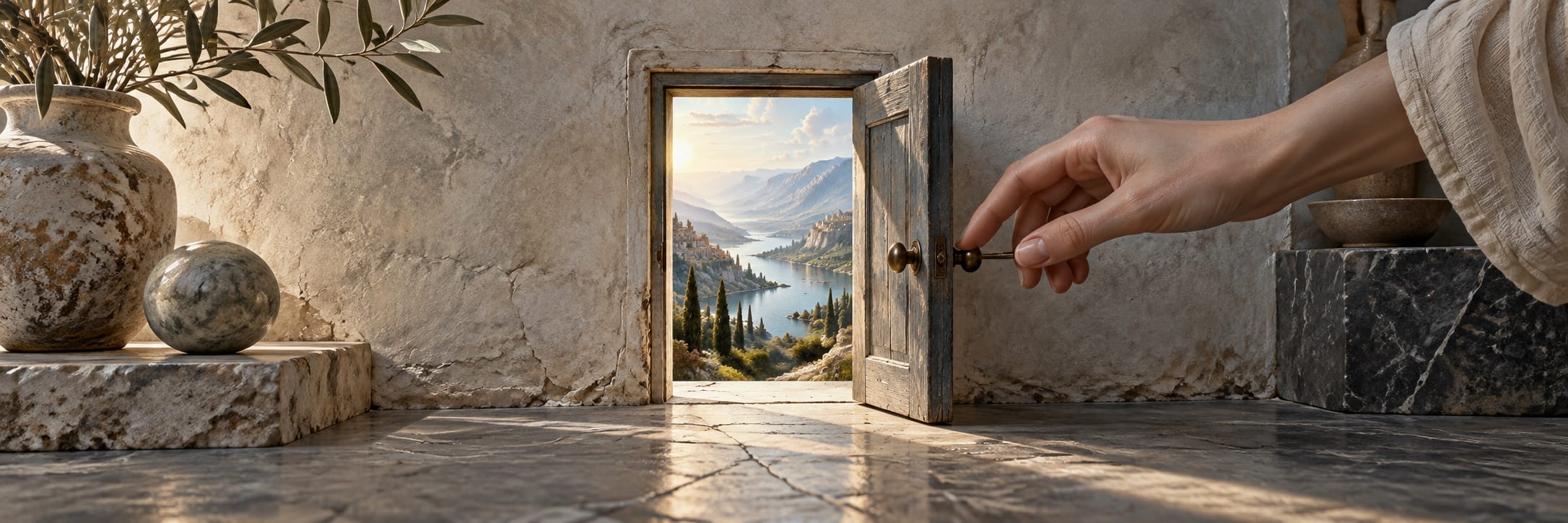 A hand opens a small door in a stone wall, revealing a surreal landscape of mountains, river, and trees.