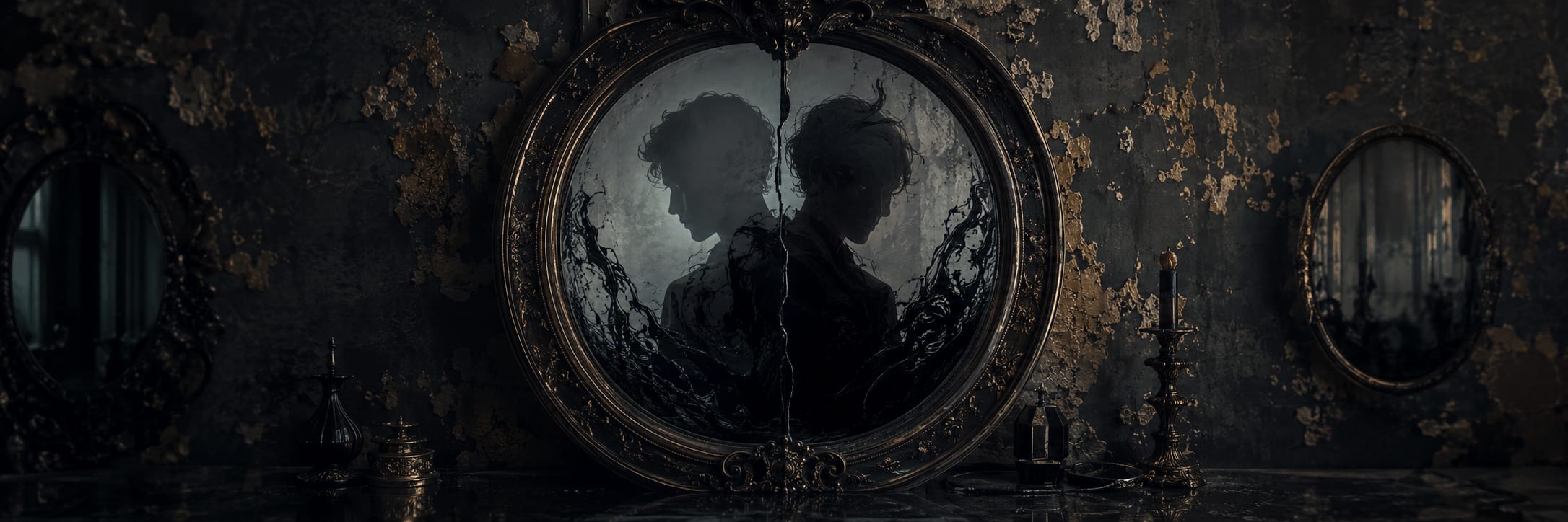 A large ornate mirror reflects two shadowy silhouettes in a decayed room, creating a surreal and chaotic atmosphere.