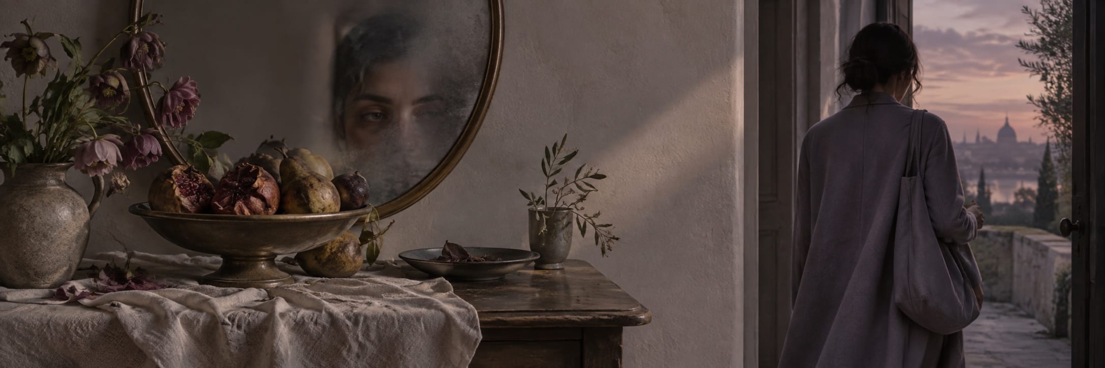A woman’s reflection in a round mirror above fruit and flowers shows her standing confidently in a doorway at sunset.