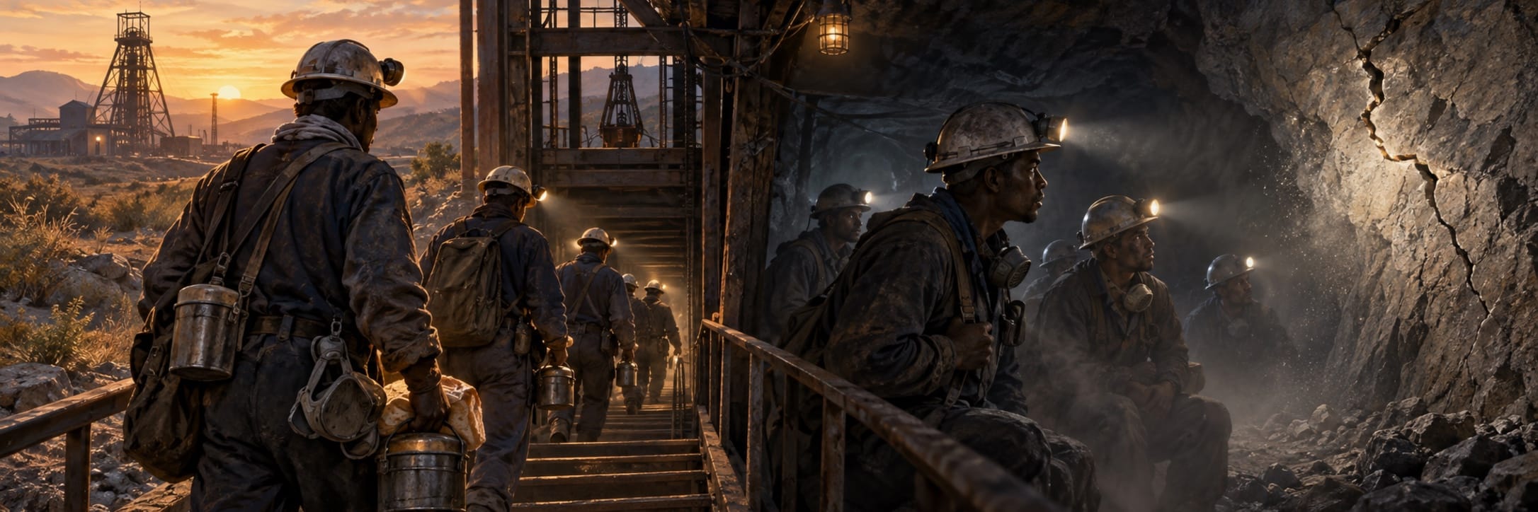 Miners wearing helmets and headlamps enter a tunnel, carrying equipment and lanterns at sunset.