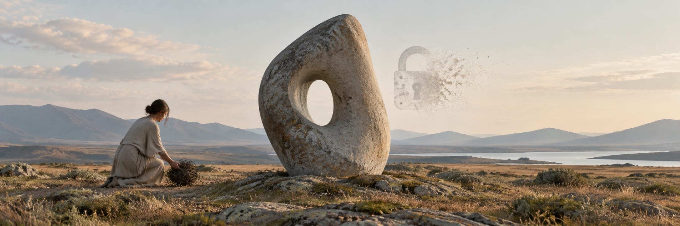 A person kneels beside a large hollow stone as a lock icon dissolves, with mountains and water in the background.