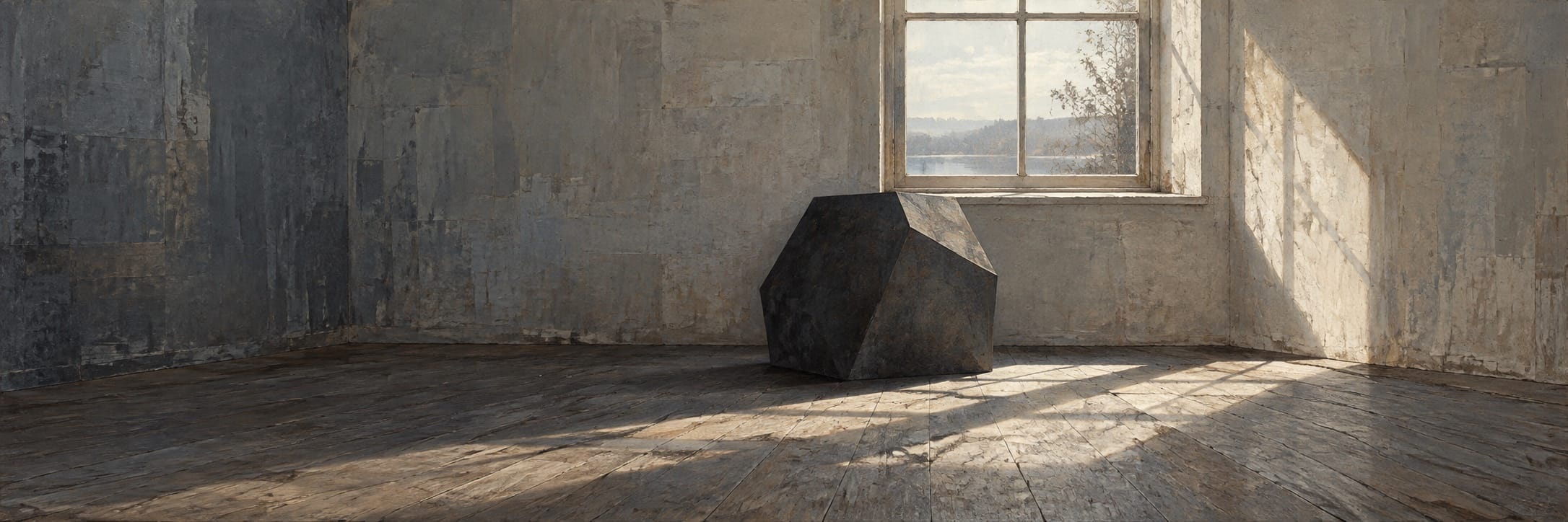 A dark faceted form sits beneath a window in an empty sunlit room.