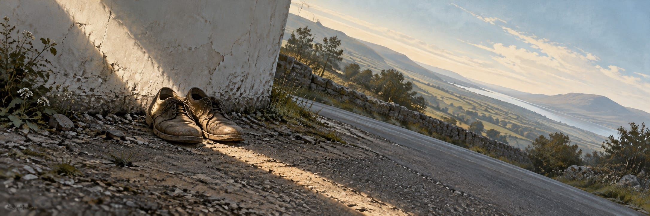 Two shoes rest on a sloping grassy ledge above a distant landscape.