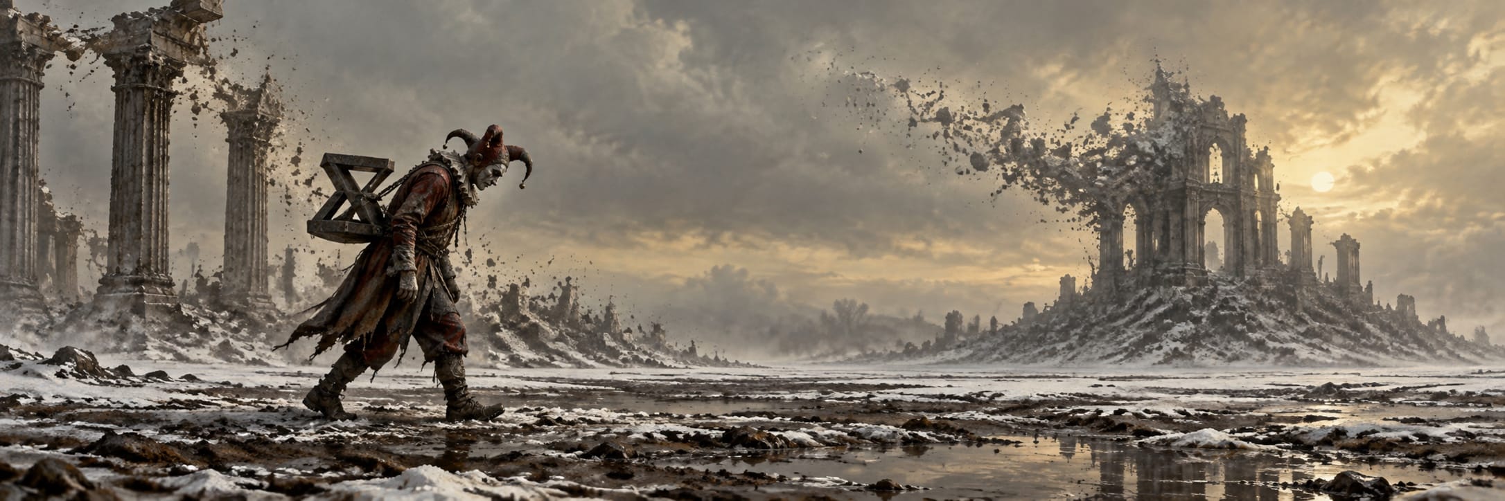 Ruined towers and twisted metal structures stand in a chaotic, desolate landscape beneath a stormy, brooding sky.