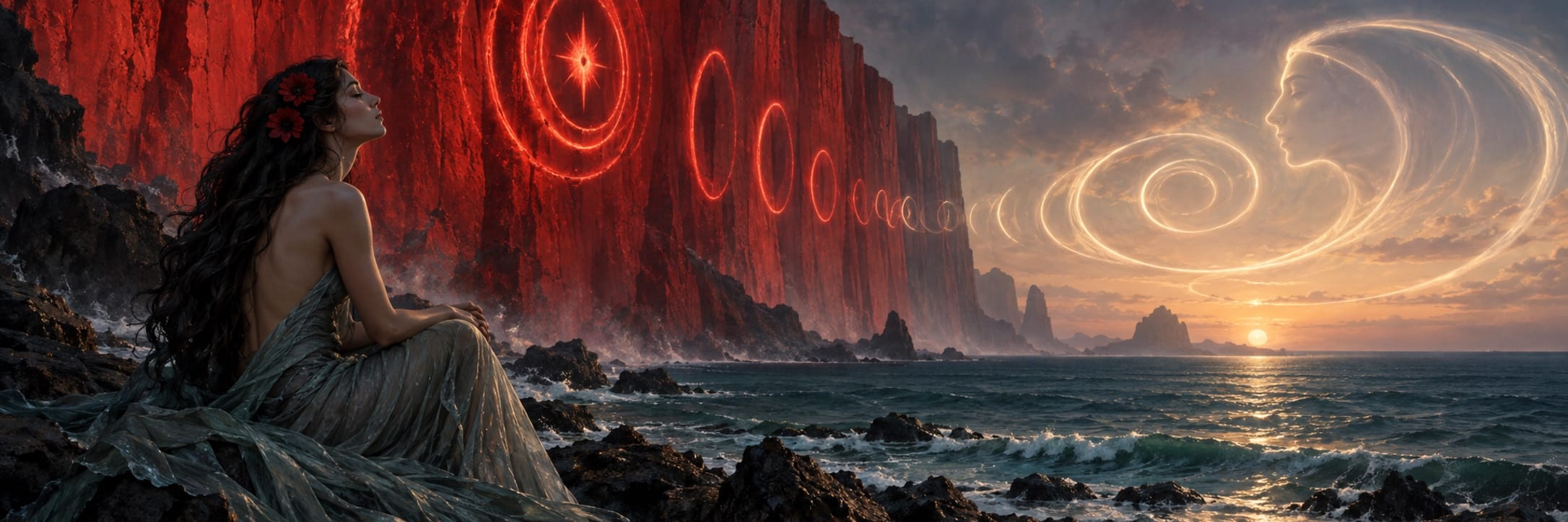 A woman sits on surreal rocks by a red cliff with glowing symbols and a fantastical face in the sunset sky above.