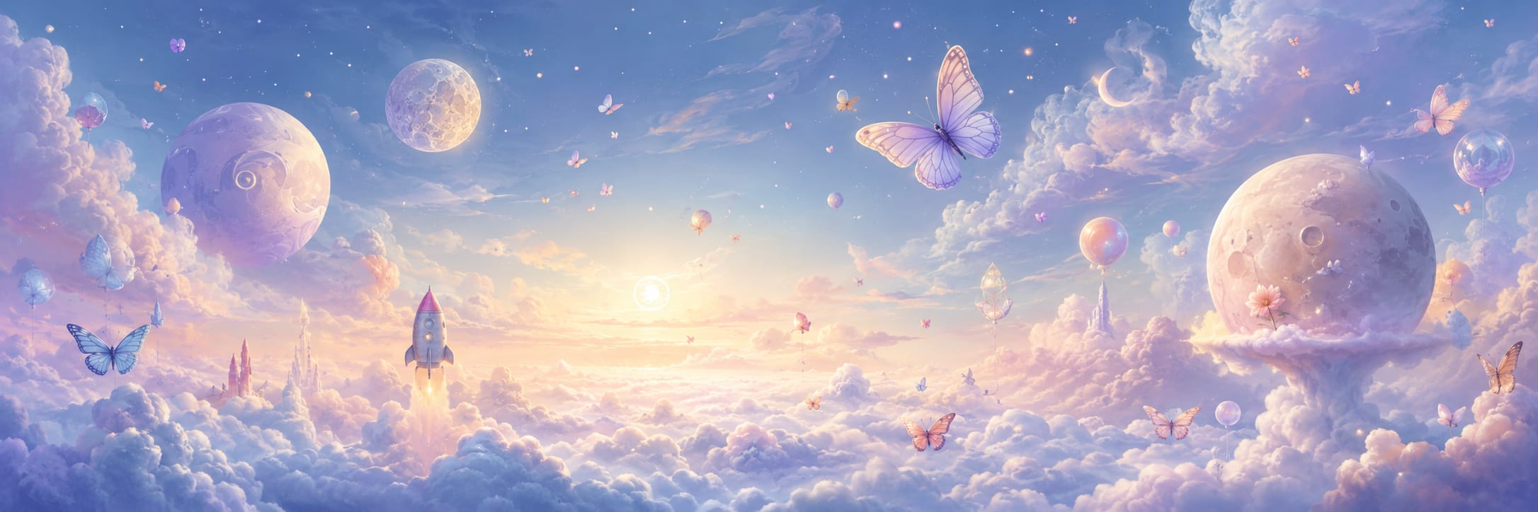 Pastel sky with clouds, moons, butterflies, and a rocket ship in a surreal and dreamy fantasy landscape.