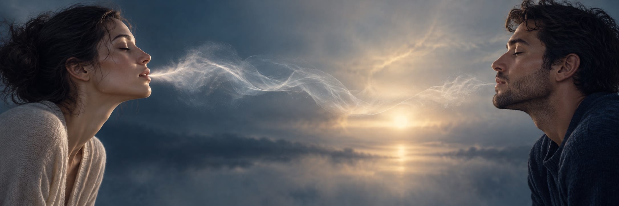 A woman exhales mist toward a man; both have their eyes closed as sunlight breaks through clouds.