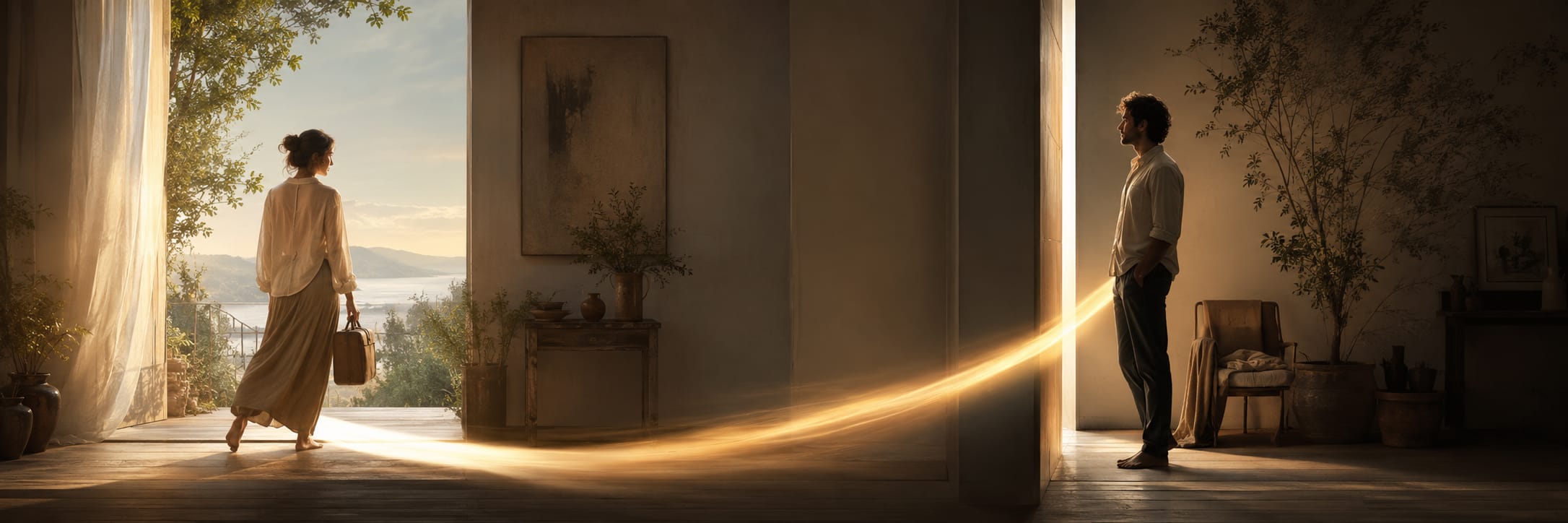 A woman walks toward sunlight, connected by a golden strand to a man who stands indoors.